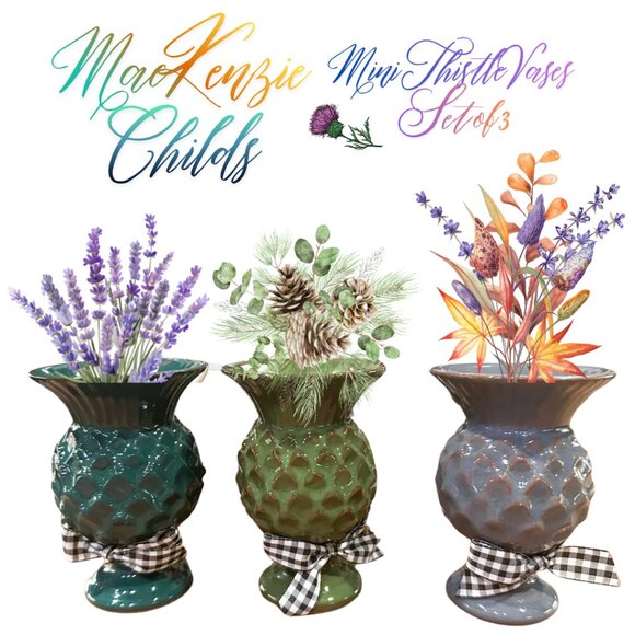 Mackenzie Childs Mini Thistle Vases 4.5" Tall, Set of 3, Black White Check Bows - Picture 1 of 2